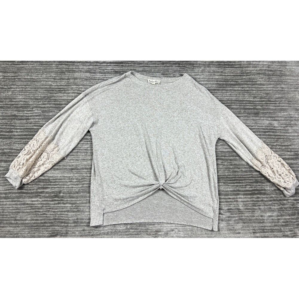Indigo Rose Sweater Womens Large Gray Beige Long Crochet Sleeves‎